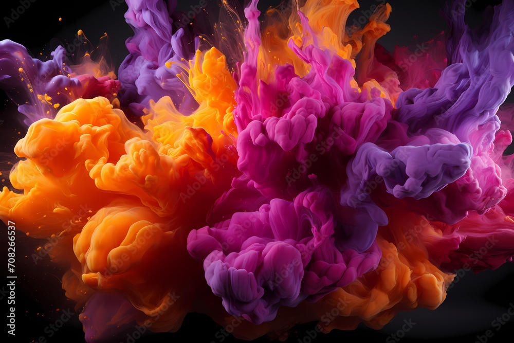 Radiant gold and intense magenta liquids colliding with explosive energy, forming an abstract display that ignites the senses, expertly recorded by an HD camera.