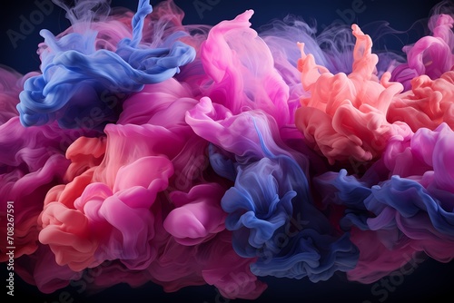 Radiant pink and deep blue liquids clash with explosive force, creating a mesmerizing abstract display. HD camera captures the vivid colors and dynamic patterns in high definition