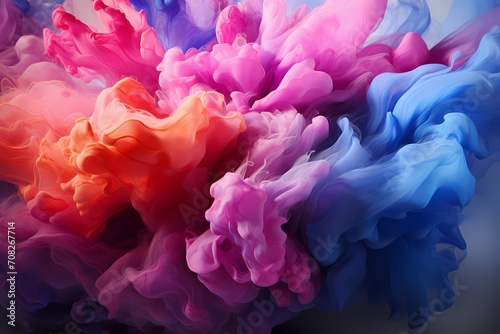 Radiant pink and deep blue liquids clash with explosive force, creating a mesmerizing abstract display. HD camera captures the vivid colors and dynamic patterns in high definition.