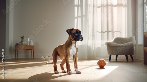 A Boxer puppy playing with a squeaky toy in a sunlit living room with minimalist decor. photo