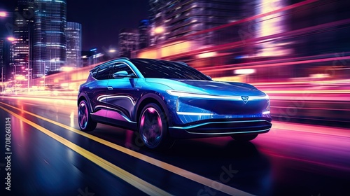 An electric SUV driving through a futuristic city at night created with Generative AI Technology