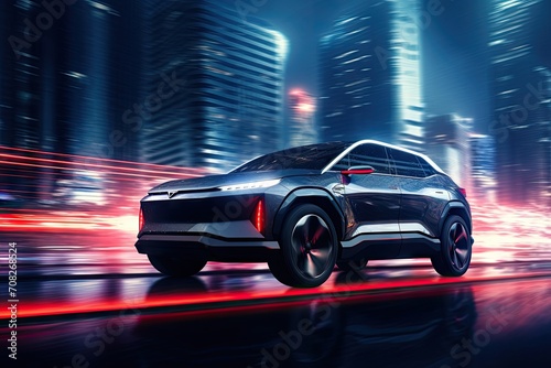 An electric SUV driving through a futuristic city at night created with Generative AI Technology © Vehicles Generative