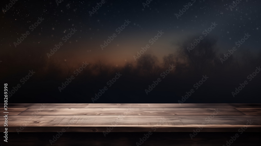 Empty wooden table top in moonlight with night swamp background. Copy space	 - obrazy, fototapety, plakaty 