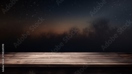 Empty wooden table top in moonlight with night swamp background. Copy space 