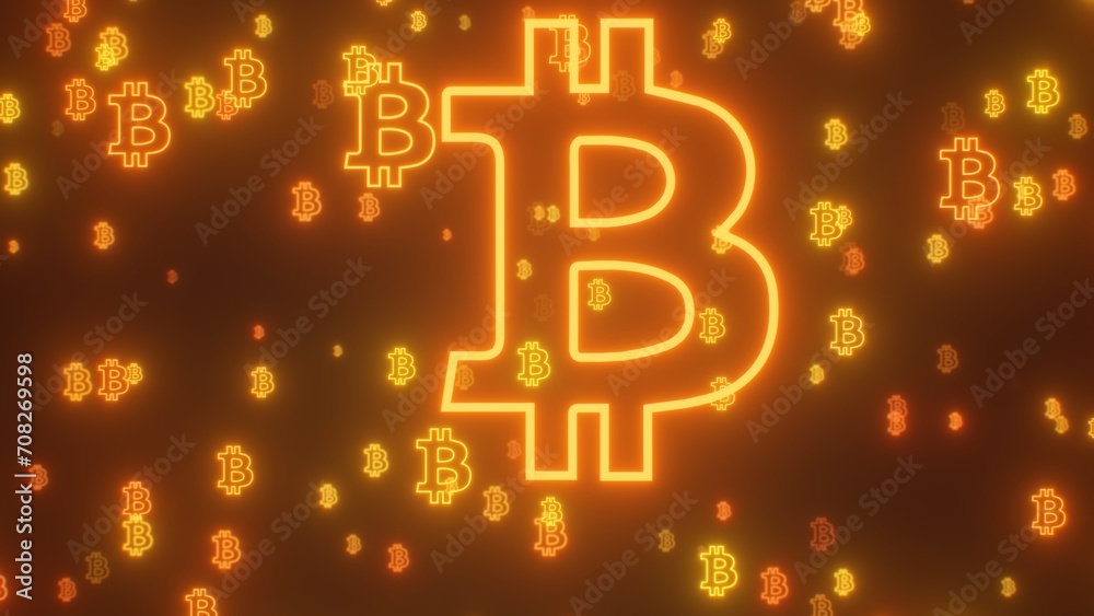 Fly Through Bright Golden Neon Glowing Bitcoin BTC Logo Symbol Shapes - Abstract Background Texture