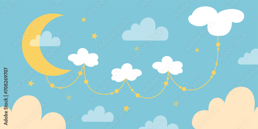 hand drawn cute wallpaper with clouds, stars and moon. Wallpaper for a little princess. vector Wallpaper. hand drawn cute wallpaper with clouds, stars and moon. Wallpaper for a little princess. vector Wallpaper.
