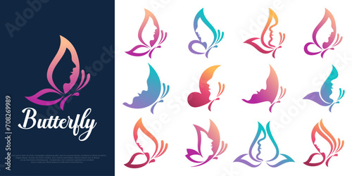 beauty icon set logo design .Woman face in butterfly wings shape. Vector illustration