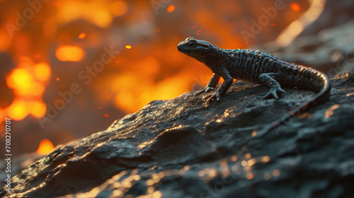 A lone salamander stands tall on a rock formation, its body seemingly immune to the intense heat and flames that surround it. Fantasy art photo