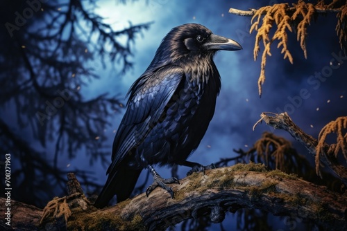 Black raven sits on a tree at night 