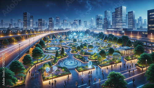 Futuristic City Park at Night