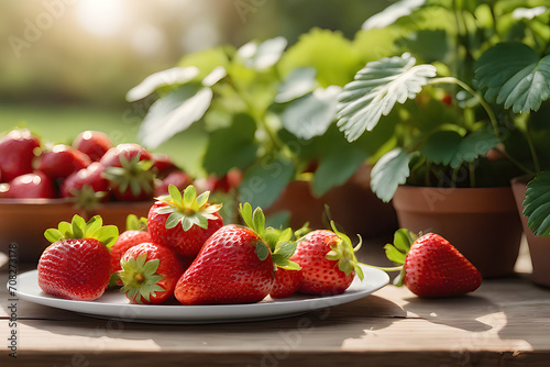 Sunlit bowl of fresh strawberries on outside table