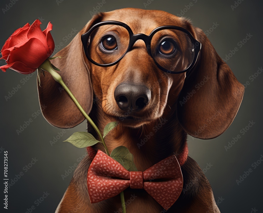 Enchanting Canine Elegance: A Valentine's Serenade in Spectacles, It explores themes of love, companionship, and canine charm, portraying the dog as a furry cupid spreading affection and warmth,