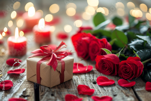Romantic gift arrangement of present, roses and lit candles on a wooden surface