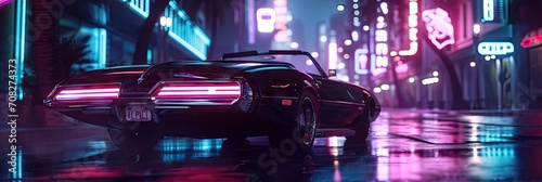 An electric classic convertible driving through a futuristic city at night created with Generative AI Technology photo