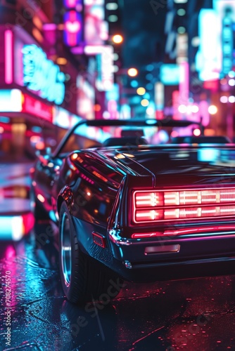 An electric classic convertible driving through a futuristic city at night created with Generative AI Technology © Vehicles Generative