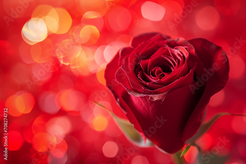 Valentine s Day single red rose on a red lit background