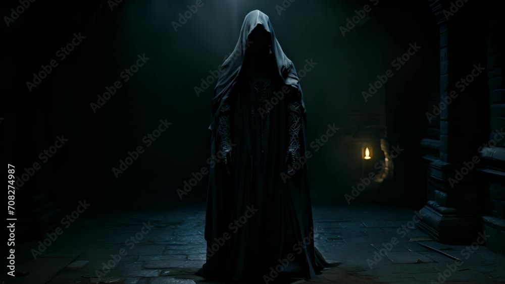 A figure shrouded in a nearly pale cloak standing in the shadows of the night with glowing eyes. A figure shrouded in a nearly pale cloak standing in the shadows of the night with glowing eyes.