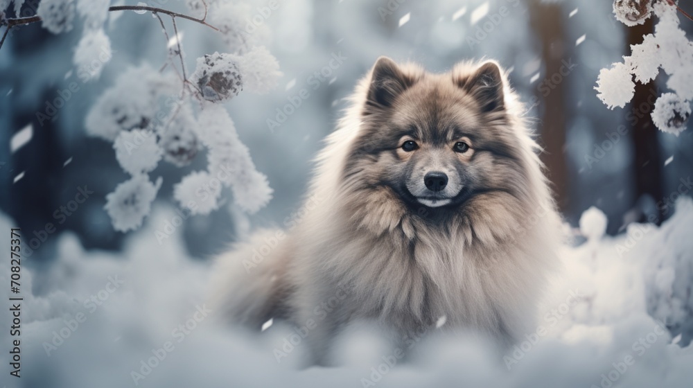 A Keeshond dog in a winter wonderland surrounded by icicles and snow-covered trees.
