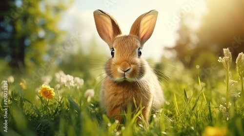 Cute baby rabbit portrait in nature looking at camera