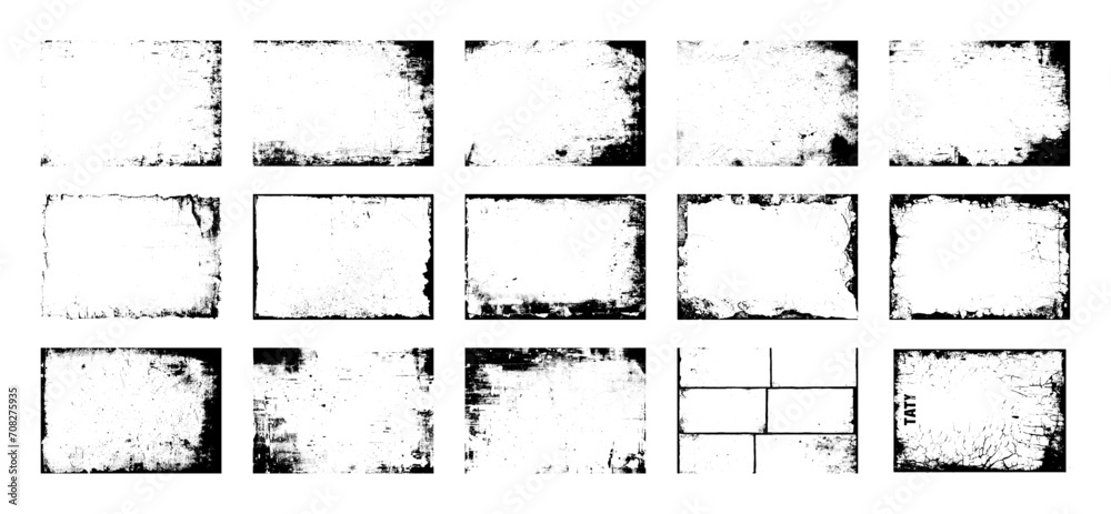 Overlay border textures set stamp with grunge effect. Old frame damage Dirty grainy and scratches. Set of different distressed black grain texture. Distress overlay vector textures.	