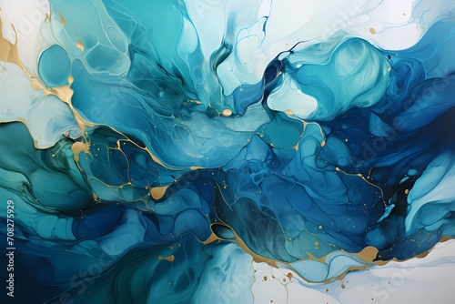 Swirling emerald green and sapphire blue liquids blending seamlessly in a mesmerizing dance of colors, creating a stunning abstract wallpaper.