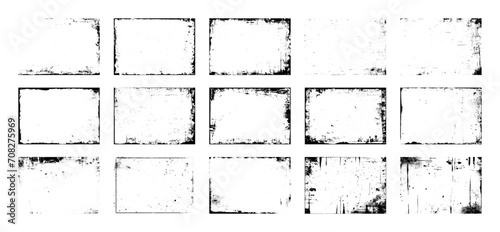 Overlay border textures set stamp with grunge effect. Old frame damage Dirty grainy and scratches. Set of different distressed black grain texture. Distress overlay vector textures. 