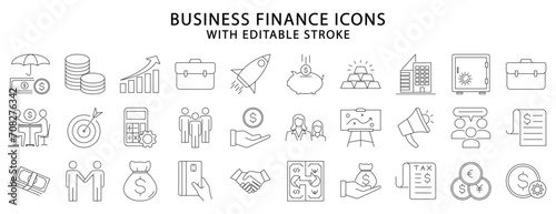 Business Finance icons. Business finance icon set. Line icons related to business icons. Vector illustration. Editable stroke.