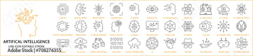 Artificial intelligence Line icons. Set icon about AI. Set icons related to Artificial intelligence. Vector illustration. Editable stroke.