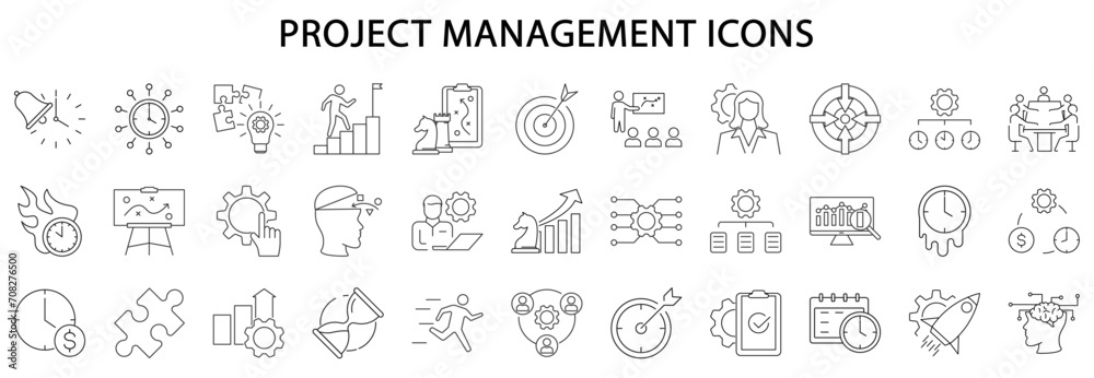 Project Management icons. Project management icon set. Line icons related to project management. Vector illustration. Editable stroke.