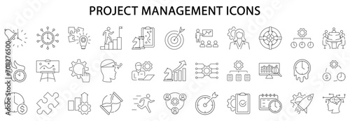 Project Management icons. Project management icon set. Line icons related to project management. Vector illustration. Editable stroke.