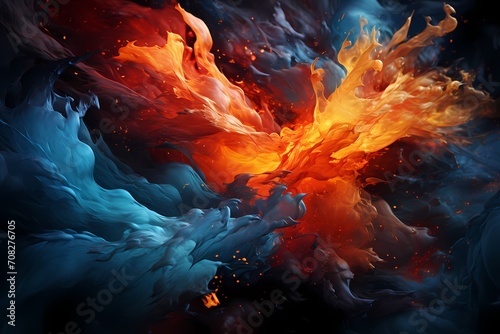 Swirls of fiery crimson and cool cobalt liquids colliding in a mesmerizing dance of explosive energy, beautifully recorded by an HD camera.