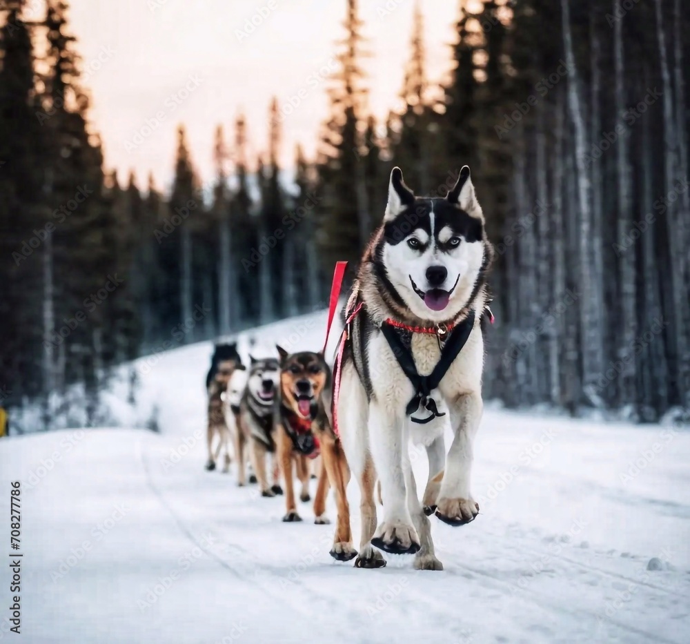 A herd of dogs sled on thick snow in winter.