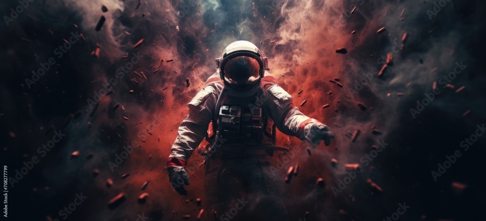 Fototapeta premium Astronaut in space suit with cosmic debris explosion. Space exploration. Banner.