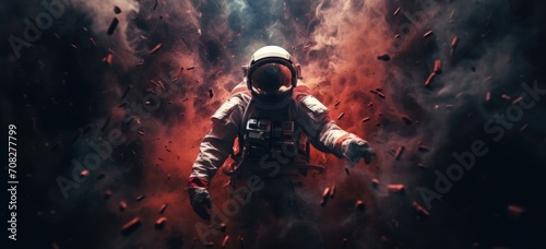 Astronaut in space suit with cosmic debris explosion. Space exploration. Banner.