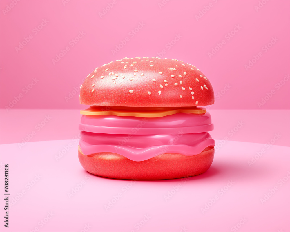 Pink elements burger.Minimal creative food concept.Top view,copy space.Generative AI Pink elements burger.Minimal creative food concept.Top view,copy space.Generative AI