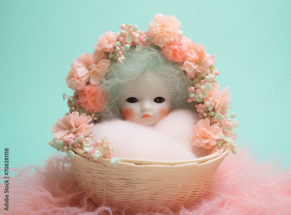 Fototapeta premium baby doll in a basket.Minimal creative toy concept.Top view,copy space.Generative Ai