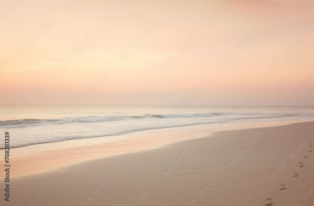 Footprints in the Sunset: Muted Tones of Tranquil Beach Serenity, a sense of calmness, with gentle waves, pastel colors, and the soothing essence of a coastal twilight,