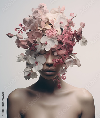 woman with flowers on her face.Minimal creative nature concept.Top view,copy space.Generative Ai
