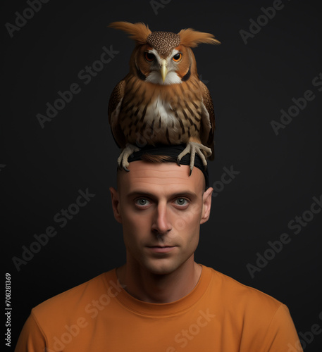 portrait of a person with owl on his head.inimal creative nature concept.Top view copy space.Generative AI