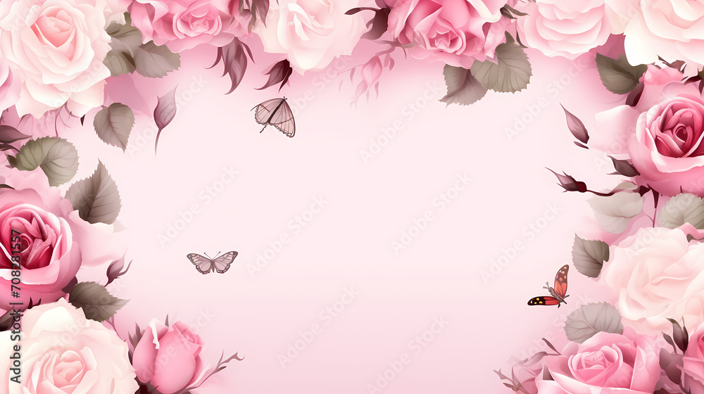 Pink rose flower composition background, decorative flower background pattern, floral border background Pink rose flower composition background, decorative flower background pattern, floral border background
