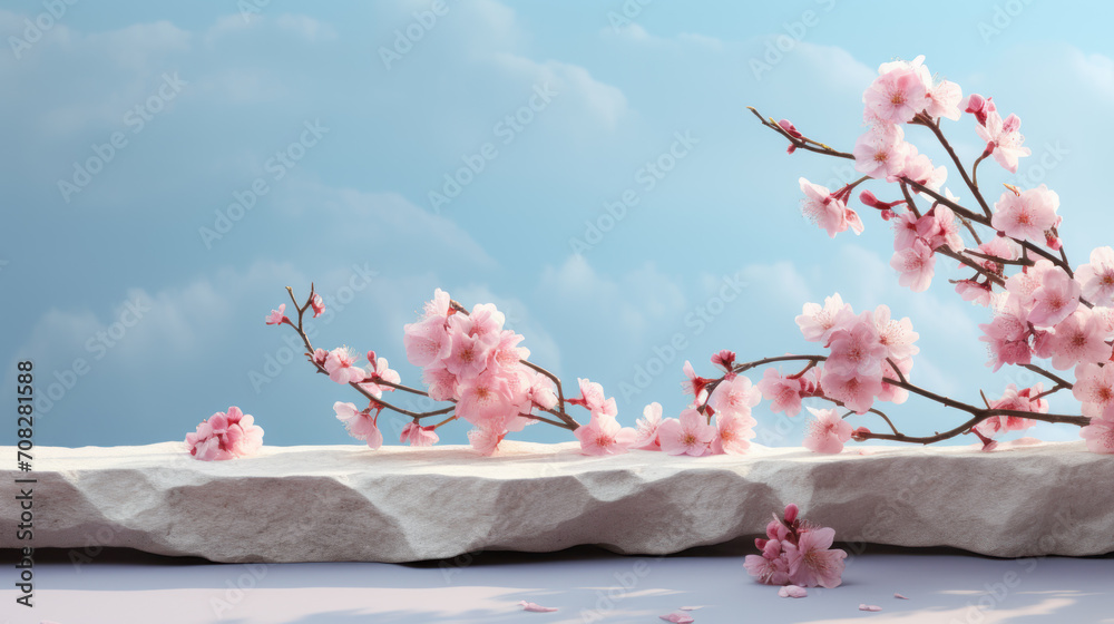 Empty Rock Podium with Sakura branches of blossoming against nature background. Made of natural scene for advertising, banner or product presentation organic cosmetic and food. Generative AI - obrazy, fototapety, plakaty 