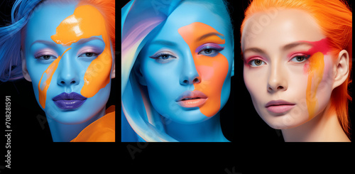 a montage of women's faces and makeup, ultraviolet photography, softbox lighting, precision painting.Minimal creative art and paint concept.Generative AI