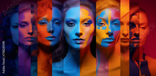 a montage of women's faces and makeup, ultraviolet photography, softbox lighting, precision painting.Minimal creative art and paint concept.Generative AI