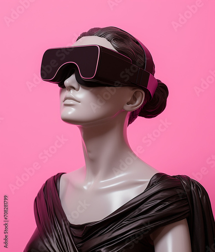 Statue with Virtual reality goggles .Minimal creative art and fashion concept.Copy space,top view.Generative AI © sunaiart