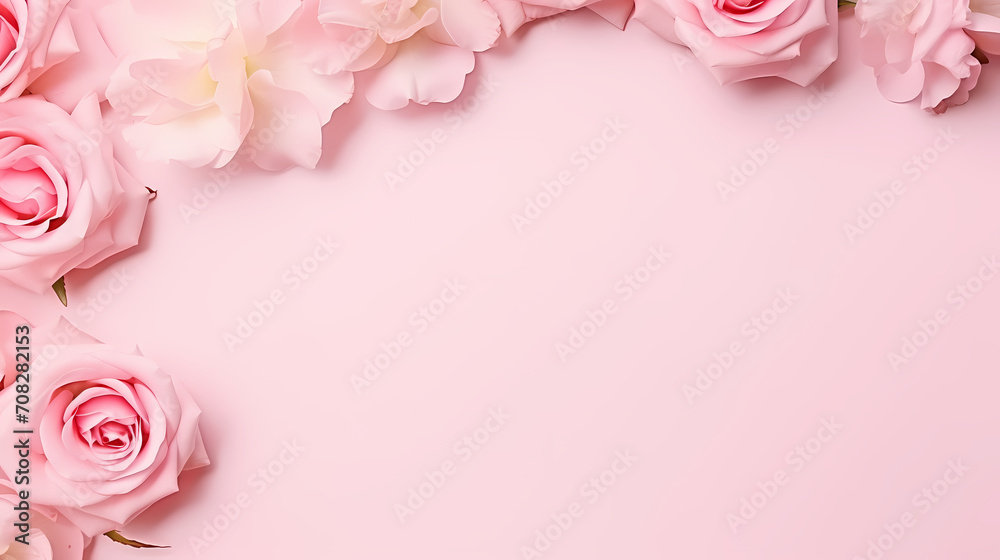 Pink rose flower composition background, decorative flower background pattern, floral border background Pink rose flower composition background, decorative flower background pattern, floral border background
