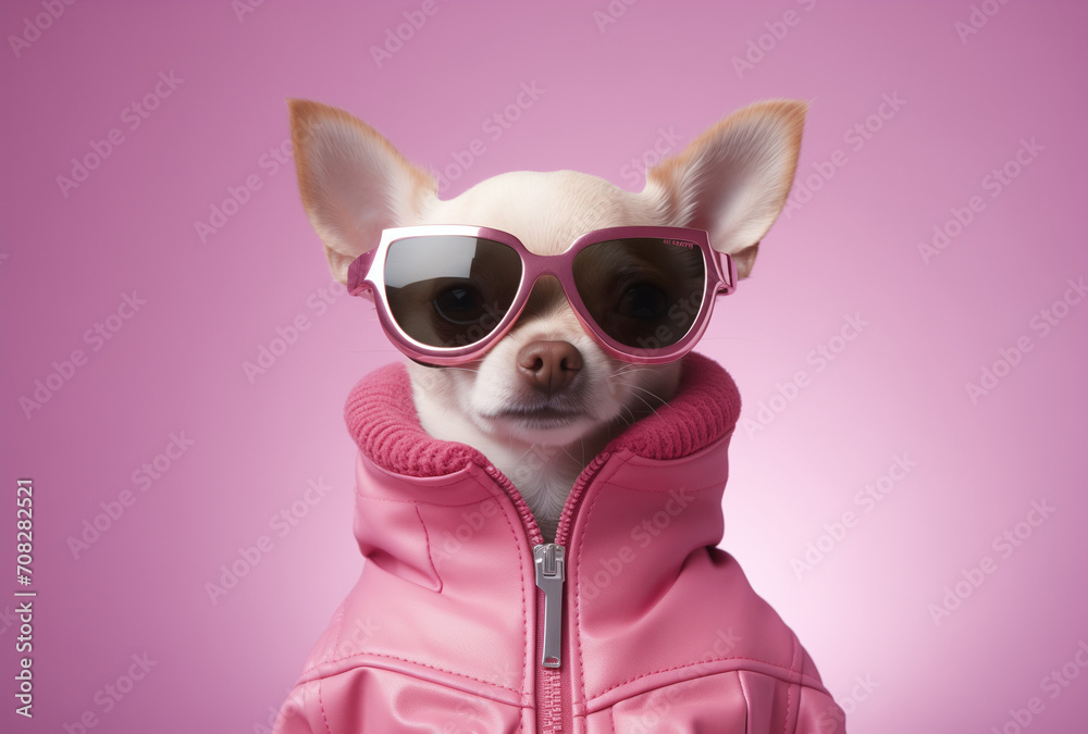 A fashionable dog wearing sunglasses posing.Minimal creative nature and fashion concept.Copy space,top view.Generative AI