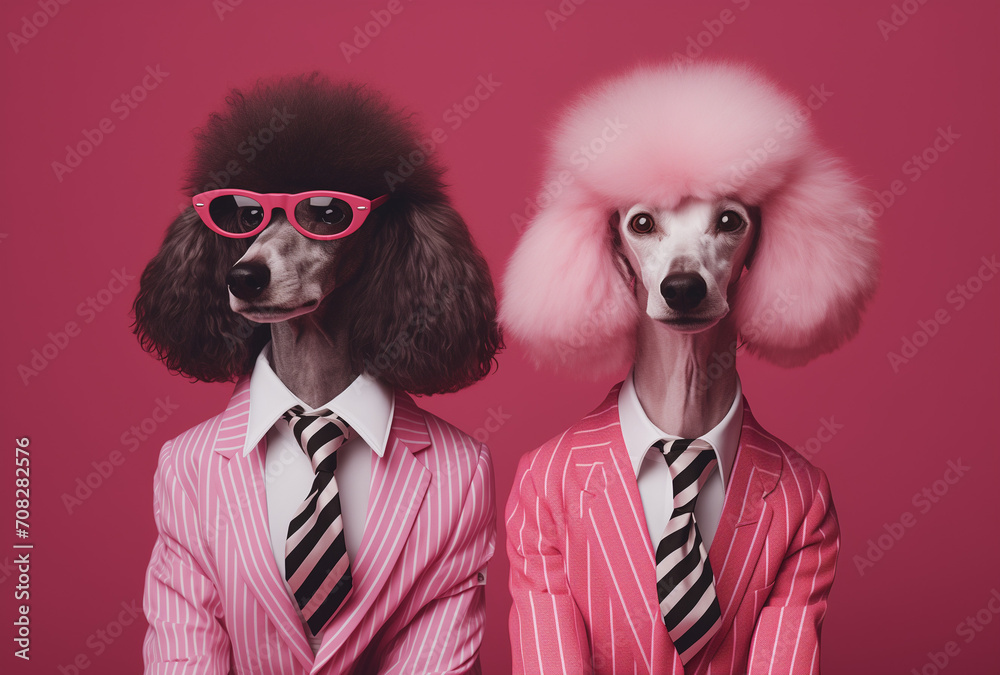 Fototapeta premium Fashionable dogs posing.Minimal creative nature and fashion concept.Copy space,top view.Generative AI