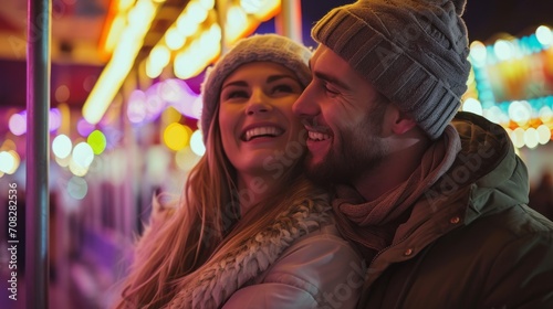 cute young beautiful couple guy and girl riding on merry go round carousel horses together in an amusement park in the dark evening night having romantic and fun. wallpaper background 16:9