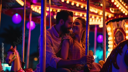 cute young beautiful couple guy and girl riding on merry go round carousel horses together in an amusement park in the dark evening night having romantic and fun. wallpaper background 16:9