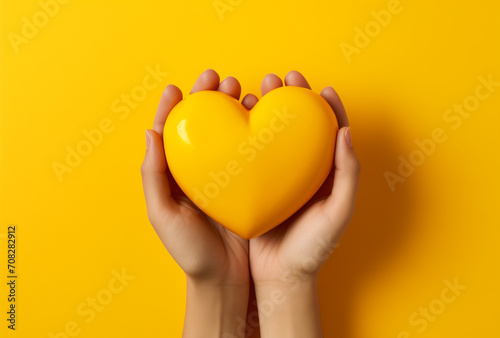 heart in hands.Minimal creative emotional valentines concept.Copy space top view flat lay.Generative AI